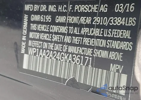 2016 Porsche Cayenne z USA, uszkodzony, nr VIN WP1AA2A24GKA36171